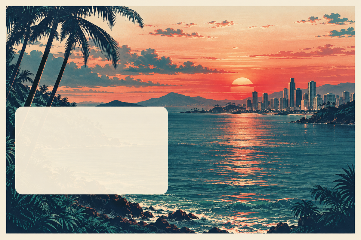 Konstant Growth coastal cityscape at sunset with palms, teal sea, cream frame, and translucent copy panel