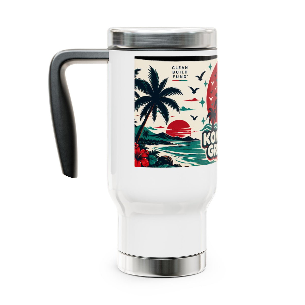 Constant Growth 14oz Stainless Steel Travel Mug with Handle — Tropical Sunset Design