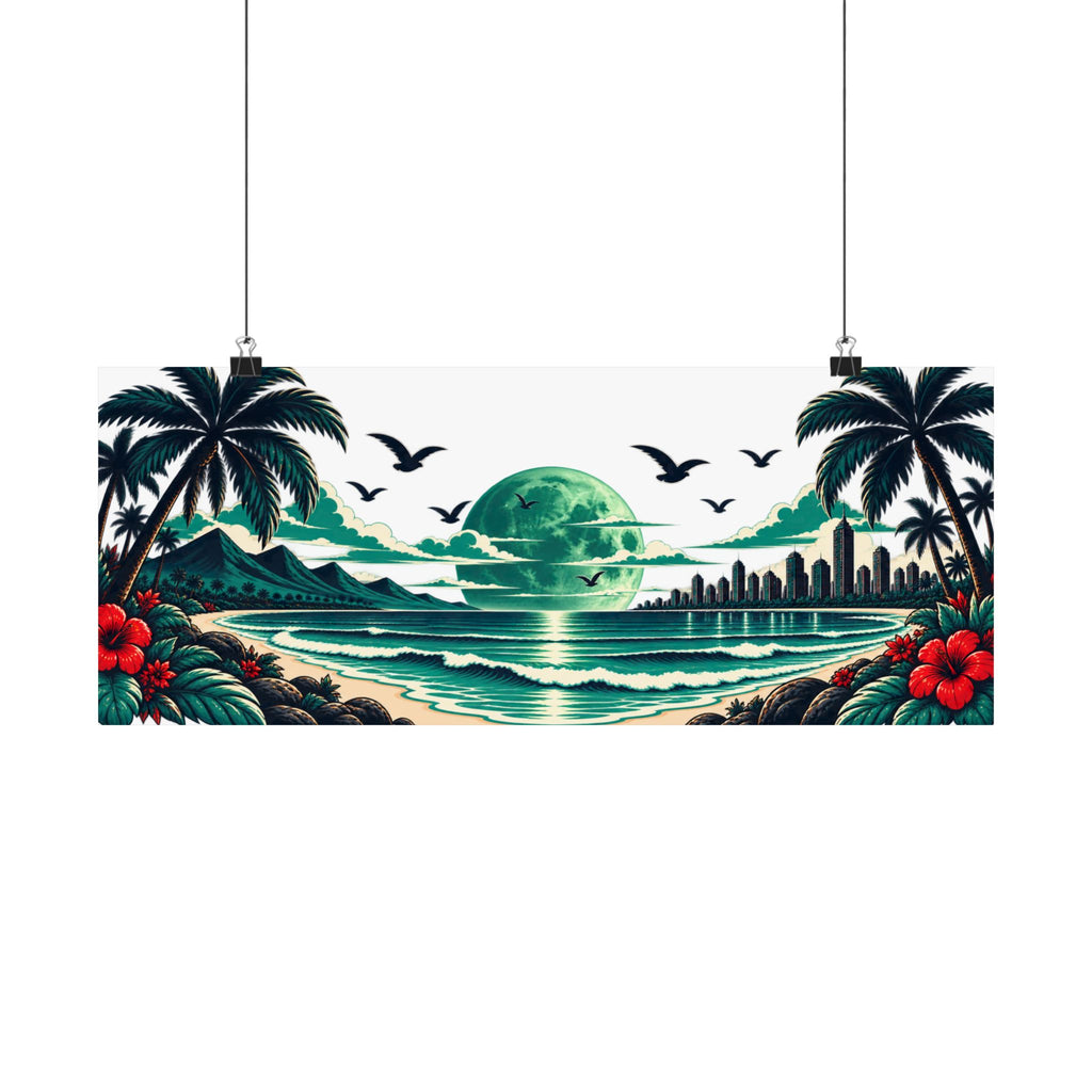 Tropical Beach Poster — Retro Green Moon Coastal Wall Art (Matte Horizontal)