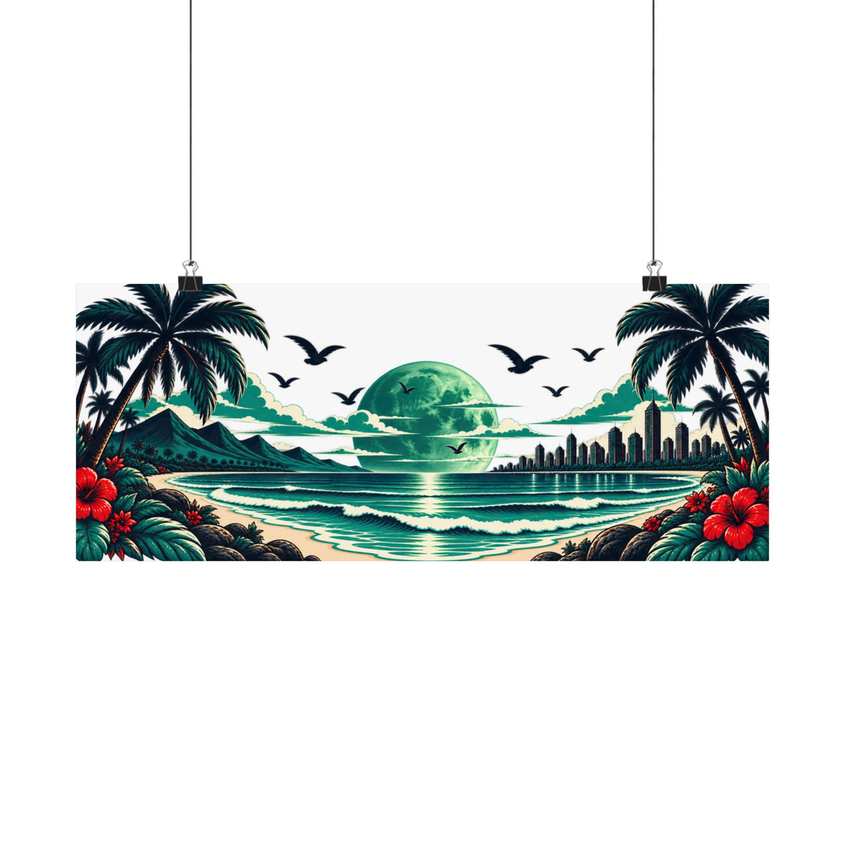 Tropical Beach Poster — Retro Green Moon Coastal Wall Art (Matte Horizontal)