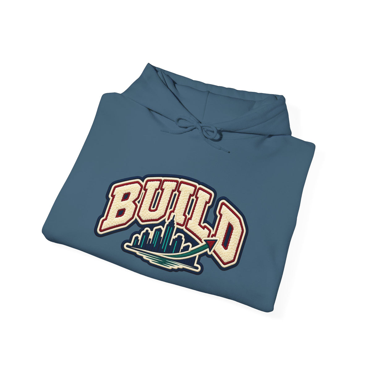 Build Cityscape Hoodie — Vintage Surf-Inspired 'BUILD' Graphic Pullover