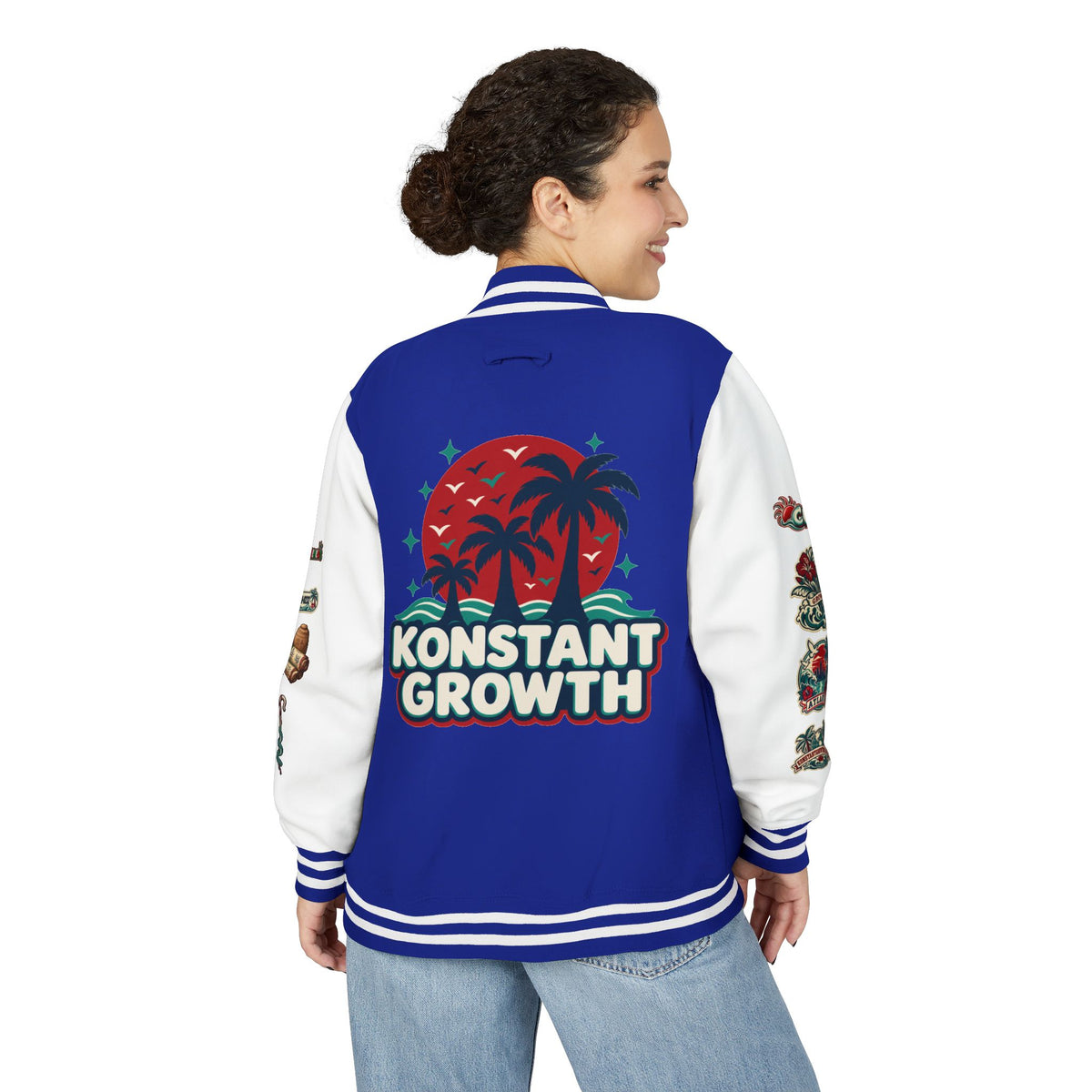 Letterman Jacket — "Konstant Growth" Palm Graphic with "Happiness Health Wealth" Chest Patch