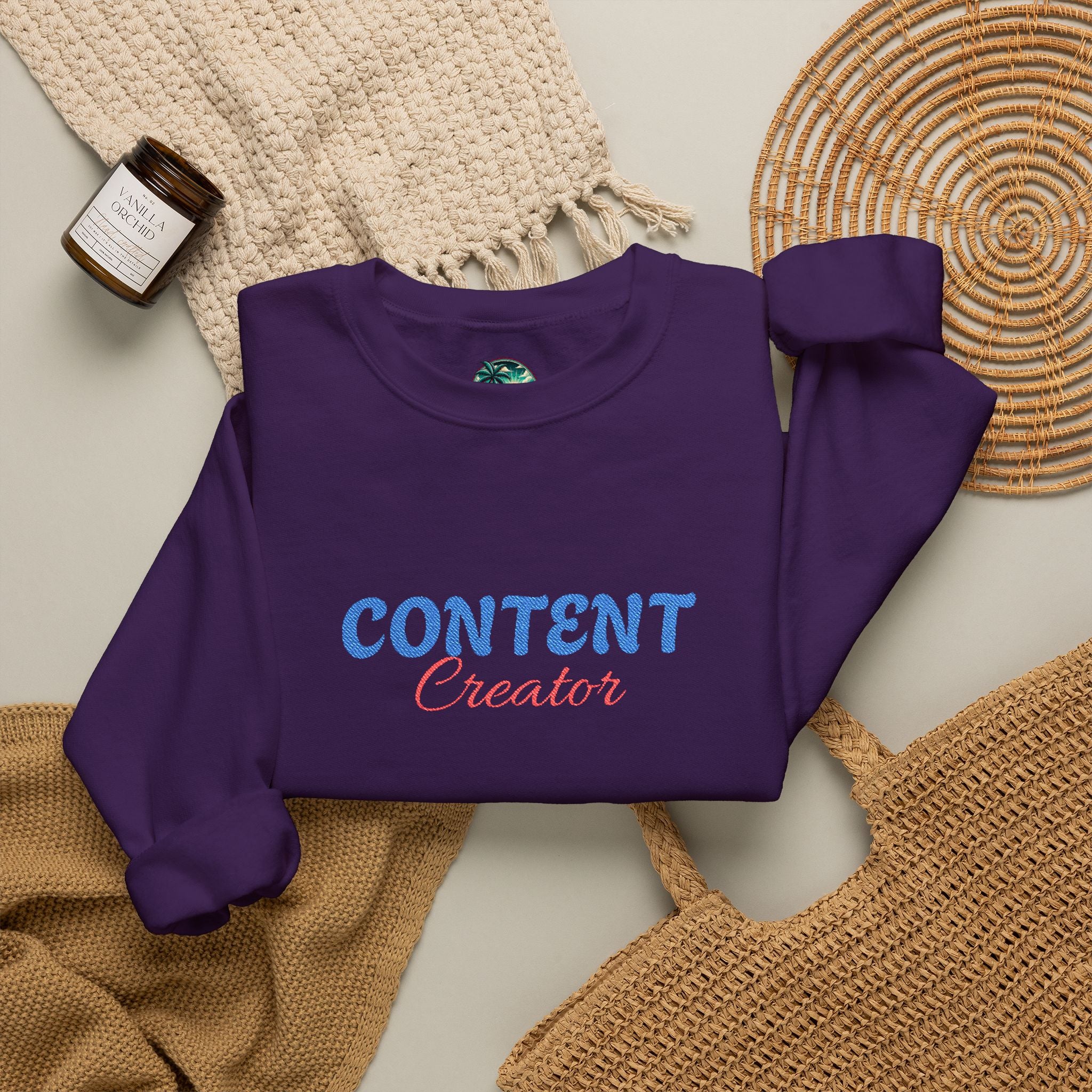 Content Creator Sweatshirt | Embroidered Script Logo, White Crewneck