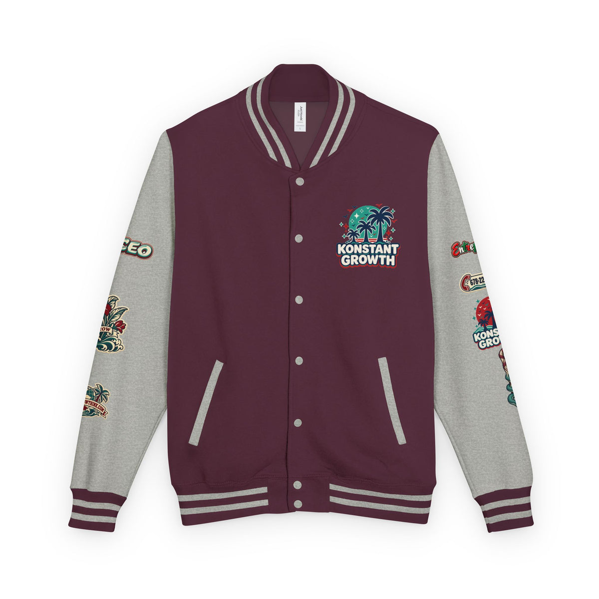 Letterman Jacket — "Konstant Growth" Palm Graphic with "Happiness Health Wealth" Chest Patch Printify