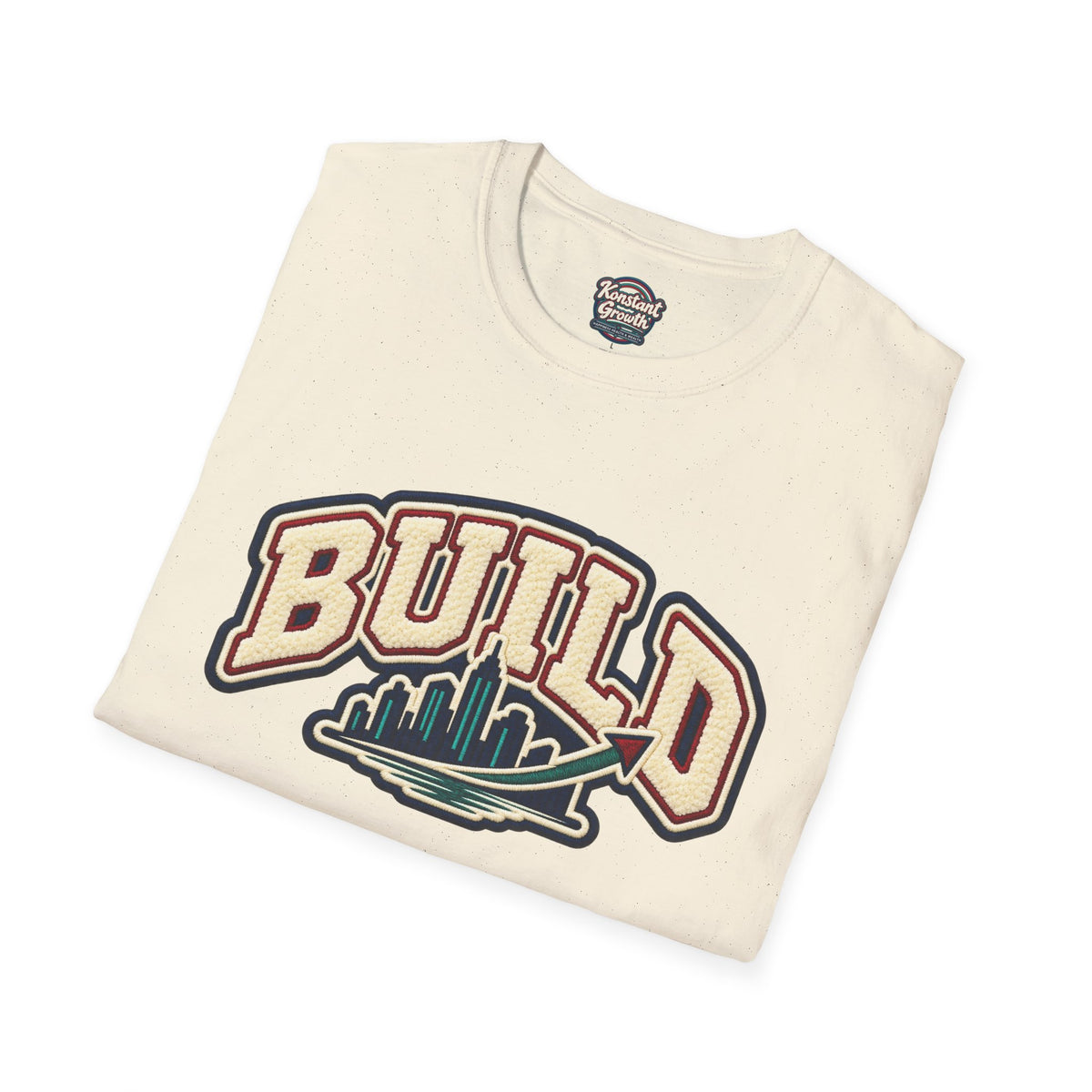 Build City Tee — Retro ‘BUILD’ Graphic T-Shirt with Coastal Cityscape Back Print