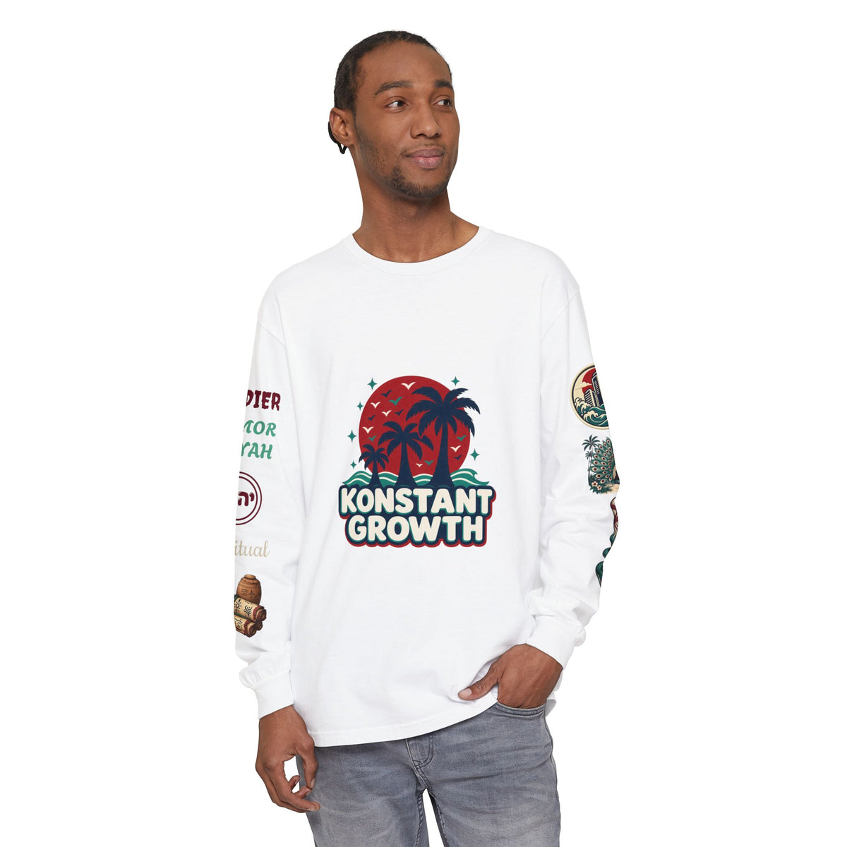 Long Sleeve Tee — "Konstant Growth" Spiritual Palm & Burning Bush Graphic