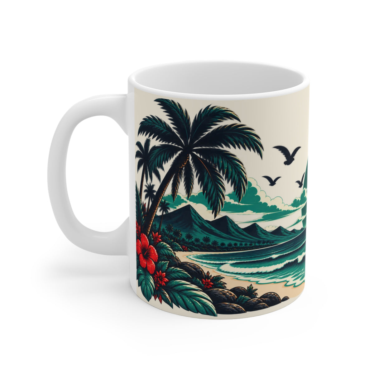 Tropical Moon Beach Mug — Retro Palm Tree Ocean Scene 11oz
