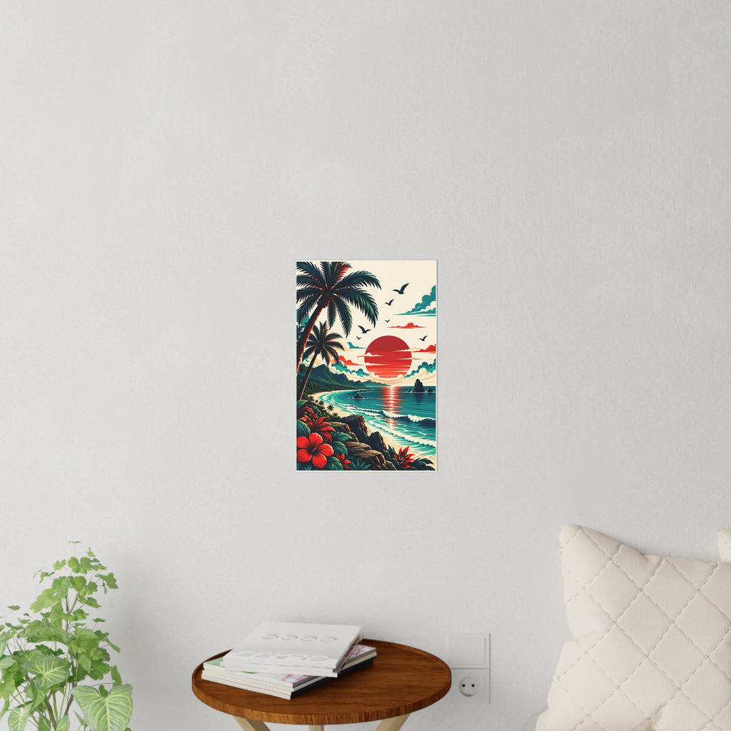 Tropical Sunset Wall Decal — Retro Beach Palm Ocean Scene