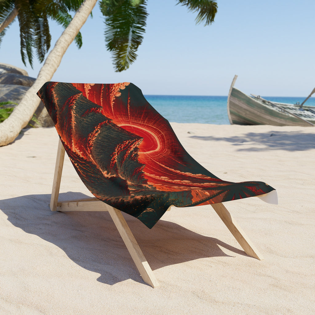 Red Solar Wave Mountain Beach Towel | Sunset Surf Landscape