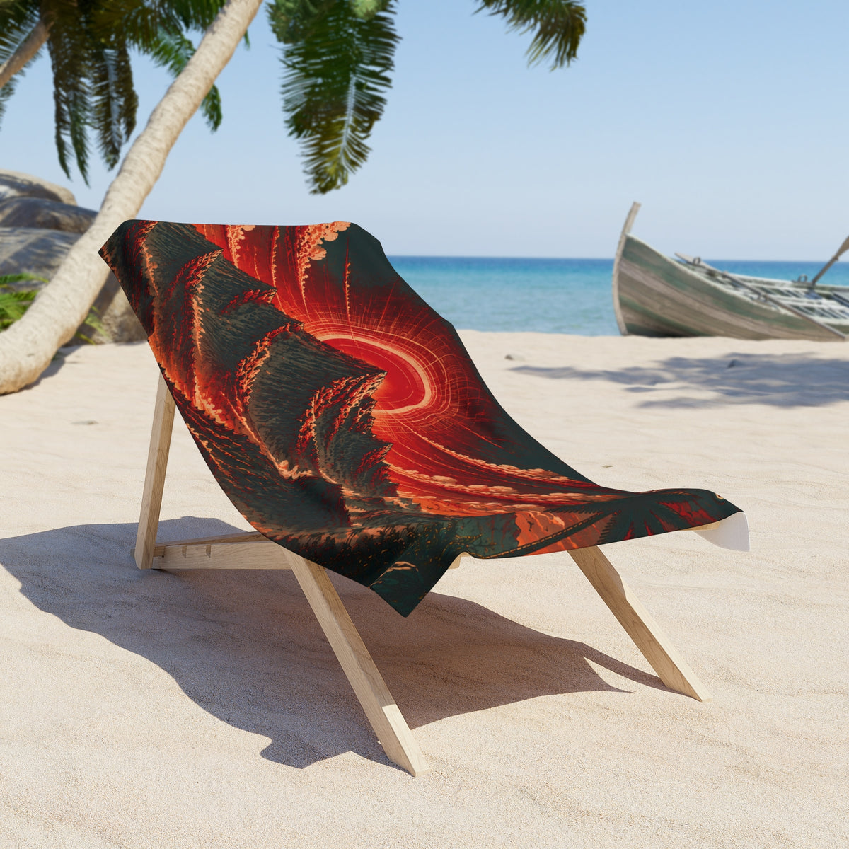 Red Solar Wave Mountain Beach Towel | Sunset Surf Landscape