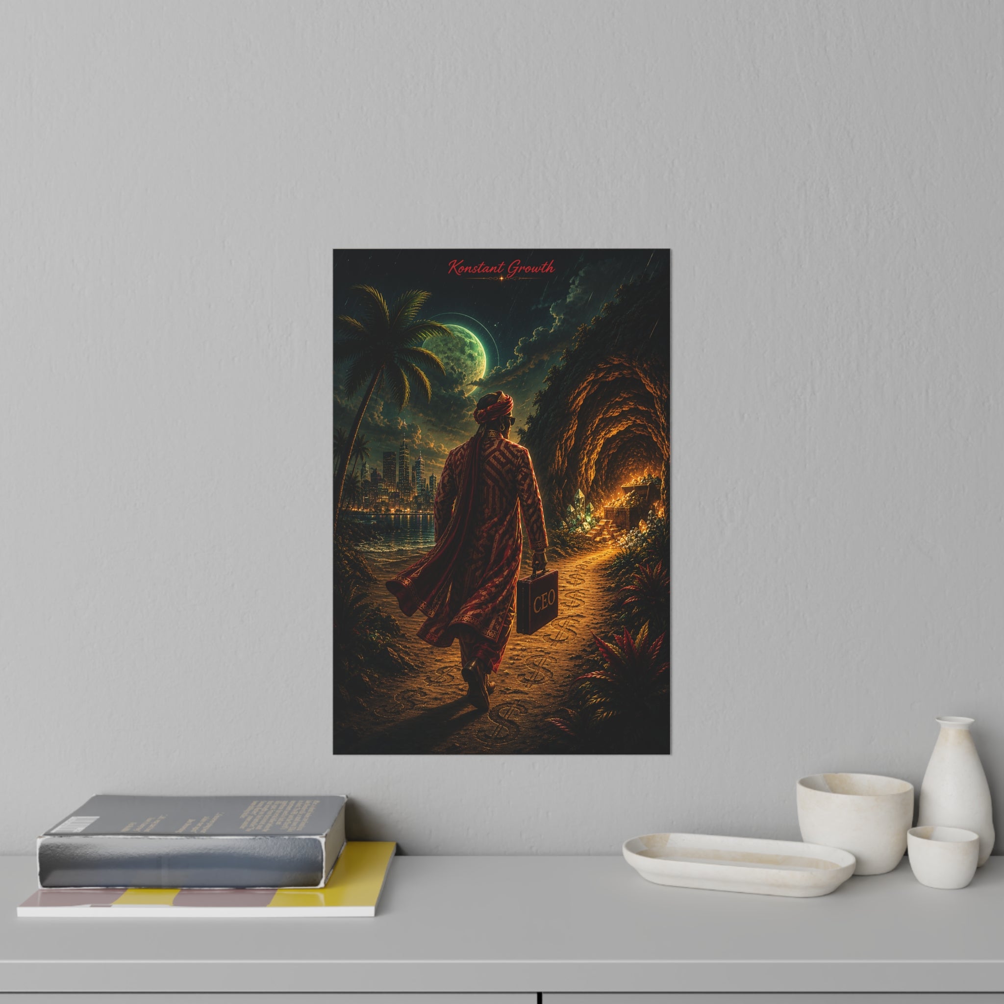 Mystic Hebrew Israelite Traveler poster wall decal | retro city, moonlit beach, cave pathway