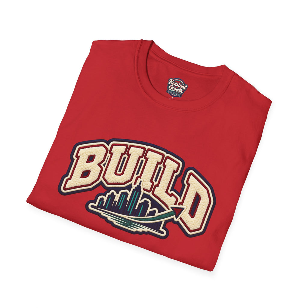 Build City Tee — Retro ‘BUILD’ Graphic T-Shirt with Coastal Cityscape Back Print