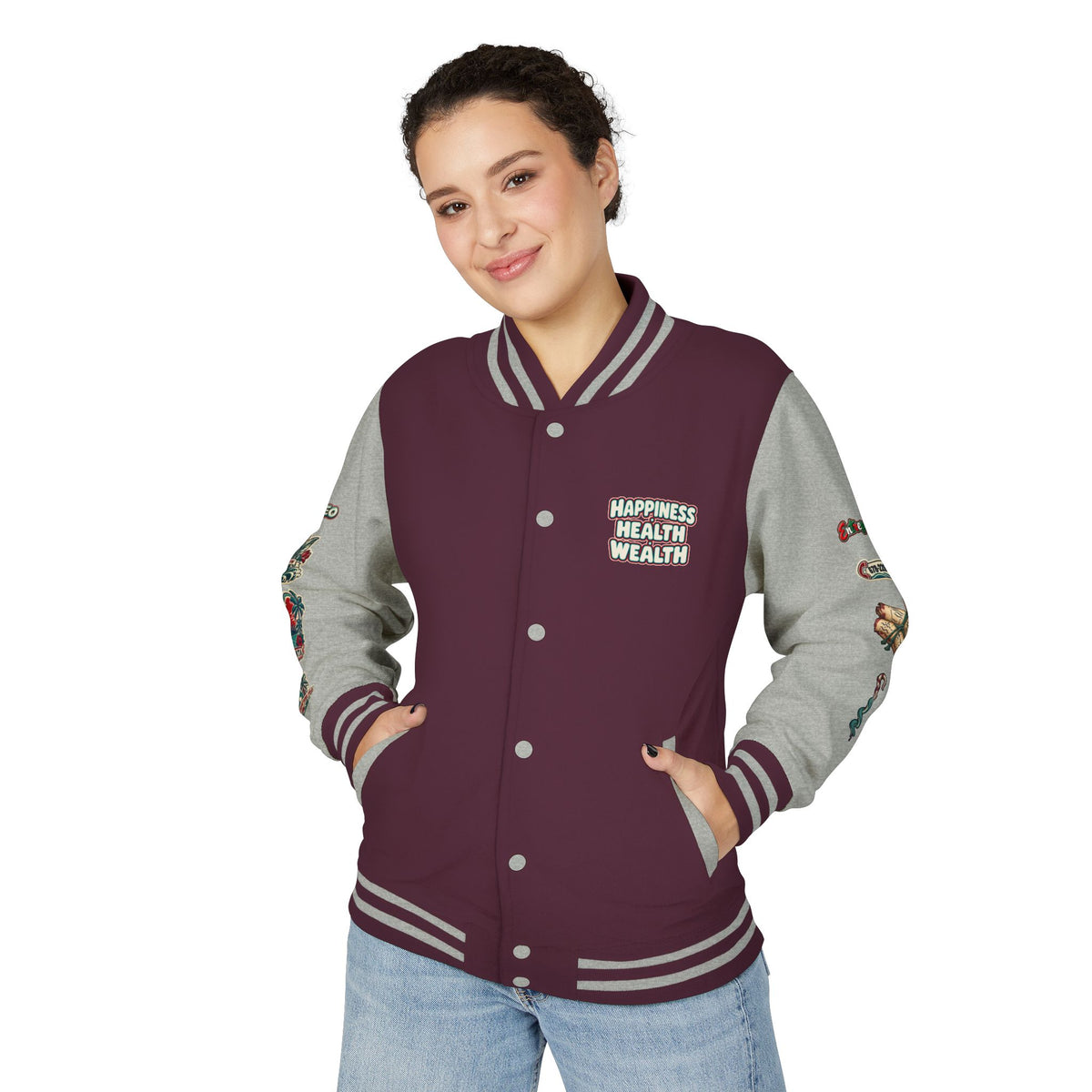 Letterman Jacket — "Konstant Growth" Palm Graphic with "Happiness Health Wealth" Chest Patch