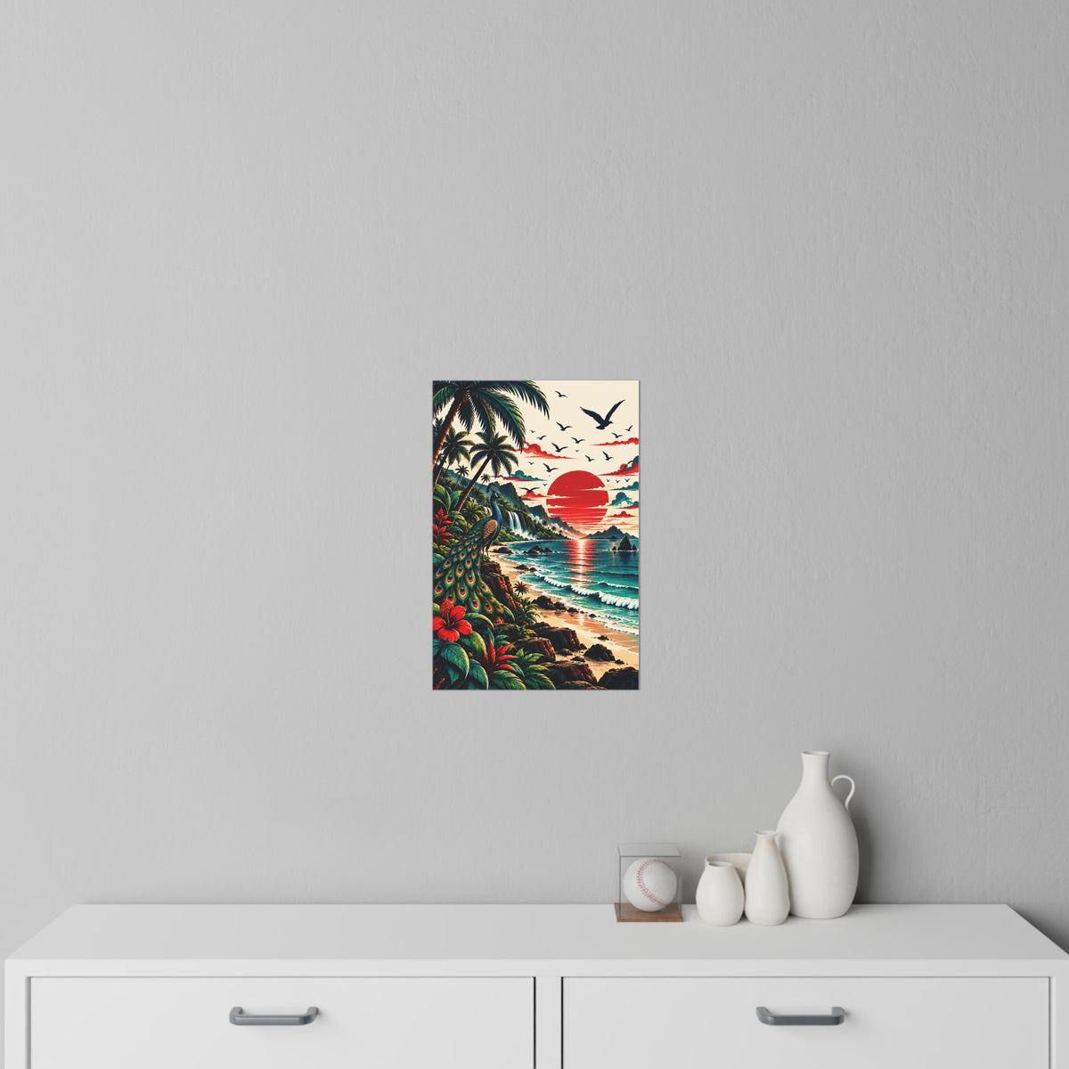 Tropical Sunset Beach Wall Decal — Vintage Peacock Coastal Mural