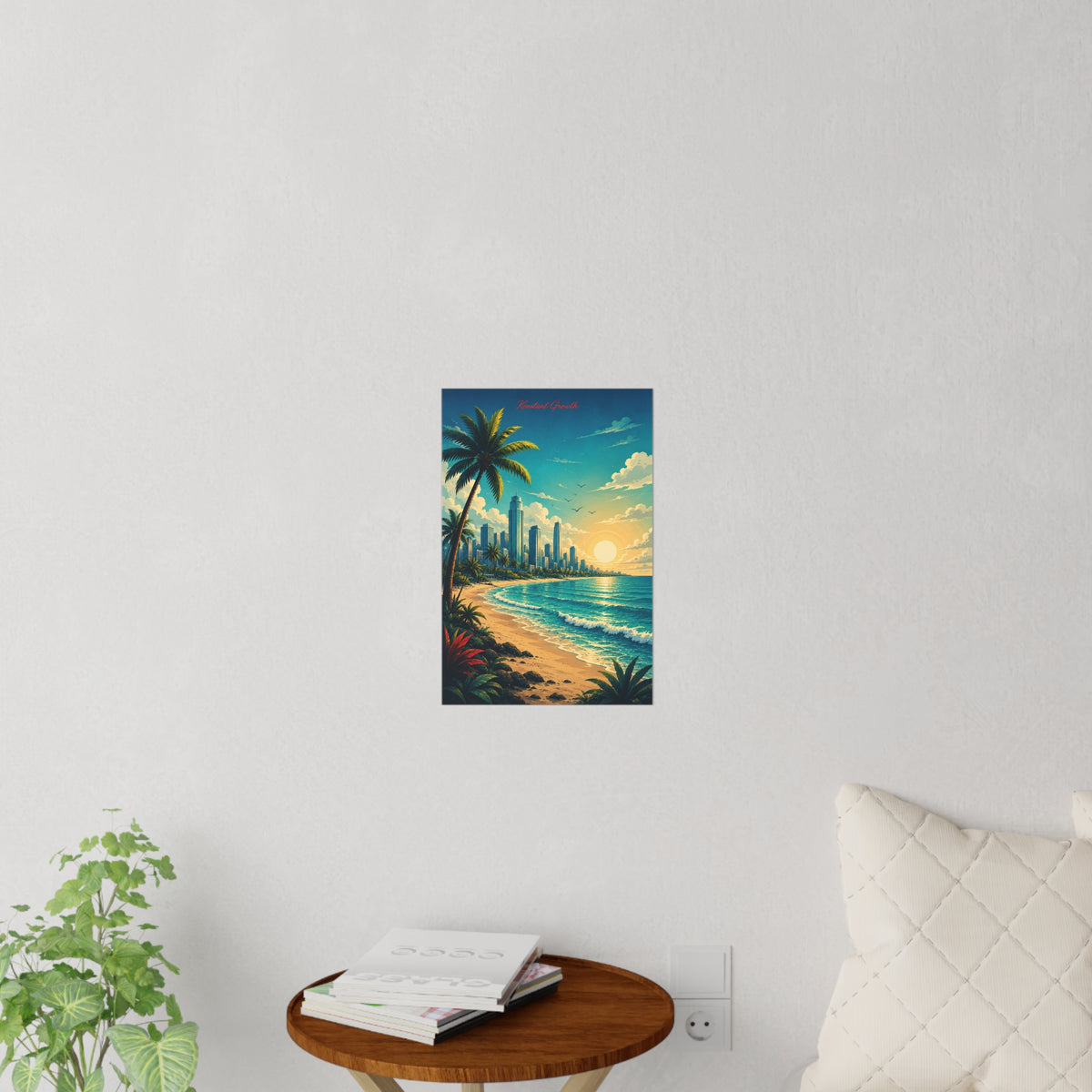 Tropical Beach Sunset Wall Decal | Palm Trees, City Skyline, Ocean Waves