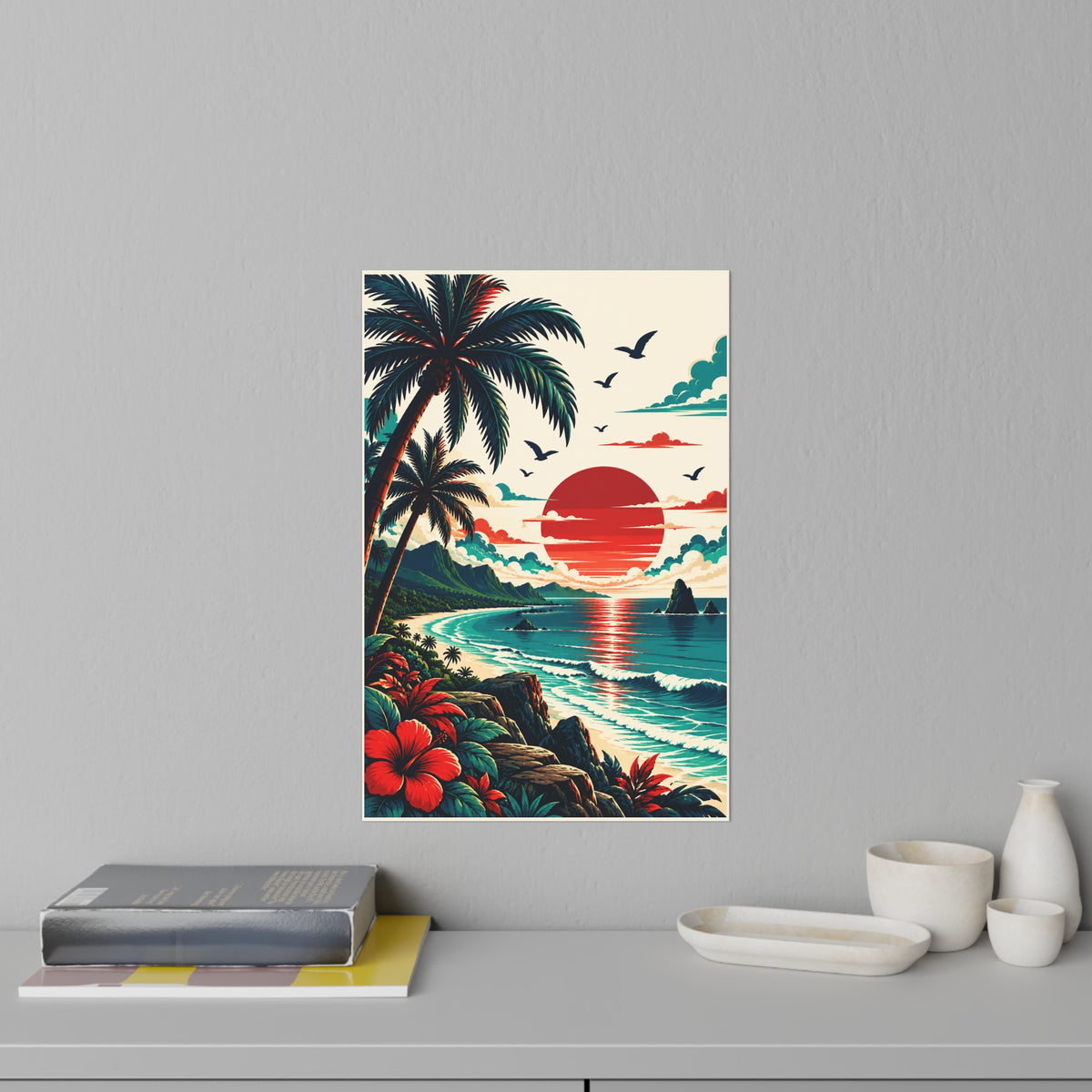 Tropical Sunset Wall Decal — Retro Beach Palm Ocean Scene
