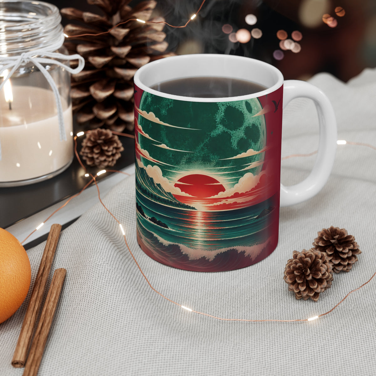 Scenic Tropical Sunset Mug — Flaming Palm Beach Landscape 11oz