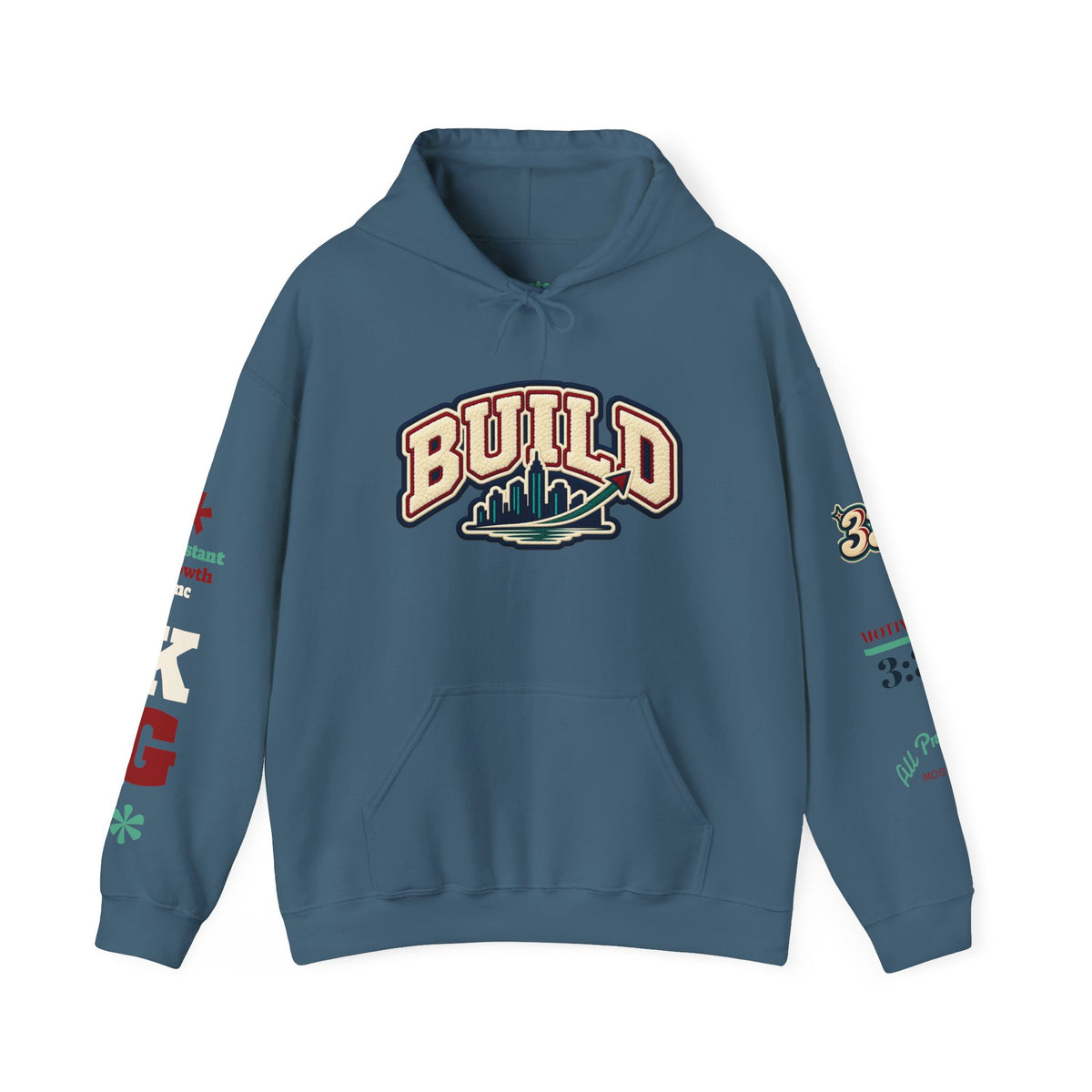 Build Cityscape Hoodie — Vintage Surf-Inspired 'BUILD' Graphic Pullover Printify