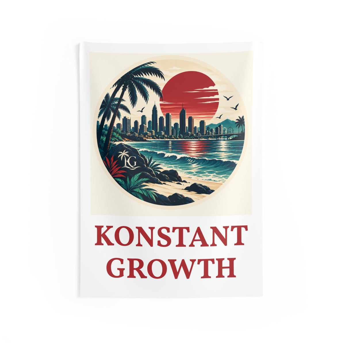 Tapestry — "Konstant Growth" Sunset Beach City Wall Art (Coastal Retro Vibe)