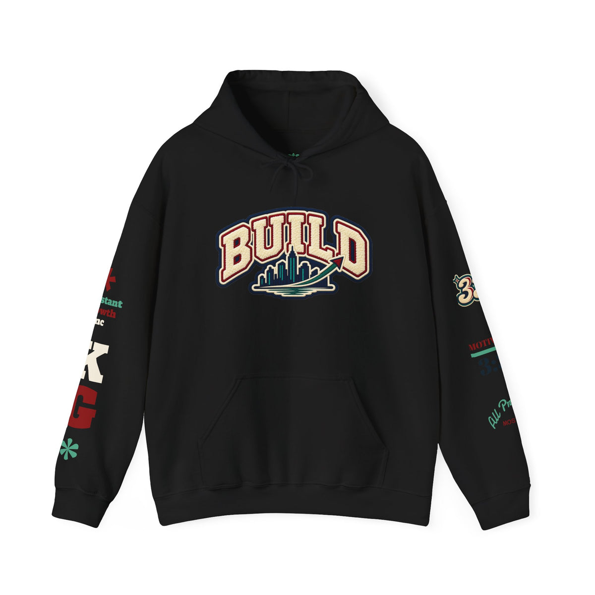 Build Cityscape Hoodie — Vintage Surf-Inspired 'BUILD' Graphic Pullover Printify