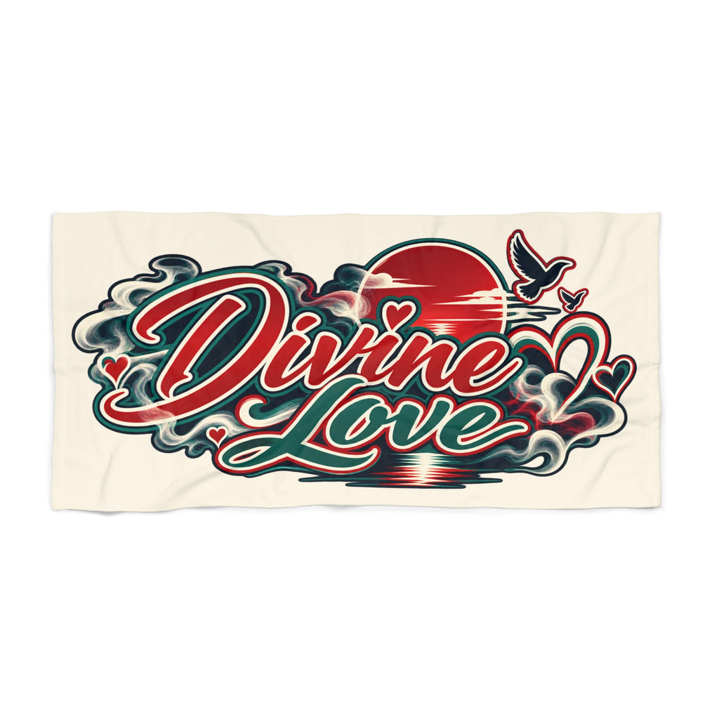 Divine Love Beach Towel — Retro Sunset Hearts & Birds Coastal Towel