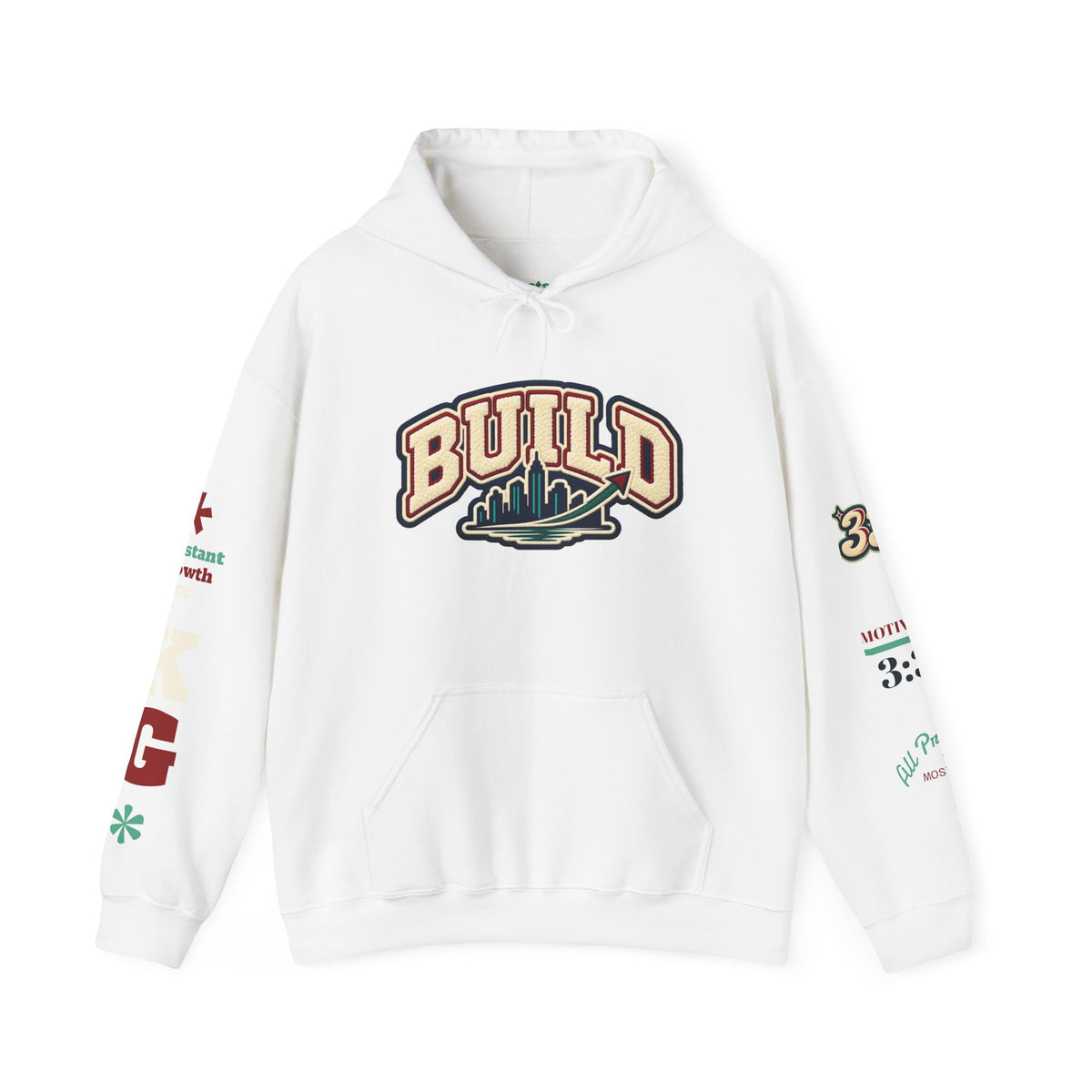Build Cityscape Hoodie — Vintage Surf-Inspired 'BUILD' Graphic Pullover Printify