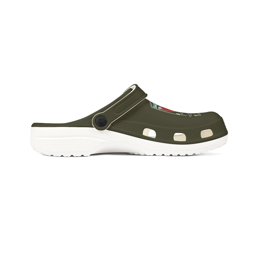 Tropical Sunset Clogs — Olive EVA Foam Garden Shoes with 'Konstant Growth' Design