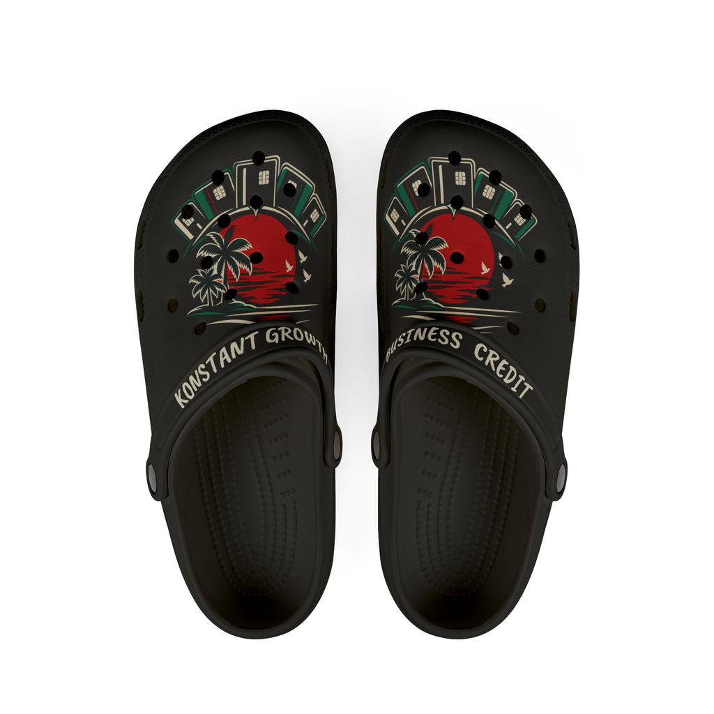 Black Graphic Foam Clogs — ‘Konstant Growth’ Retro Sunset Design