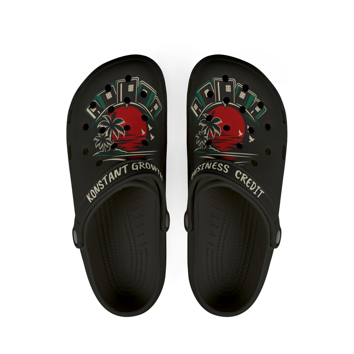 Black Graphic Foam Clogs — ‘Konstant Growth’ Retro Sunset Design