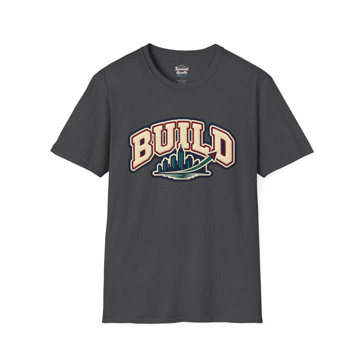Build City Tee — Retro ‘BUILD’ Graphic T-Shirt with Coastal Cityscape Back Print Printify