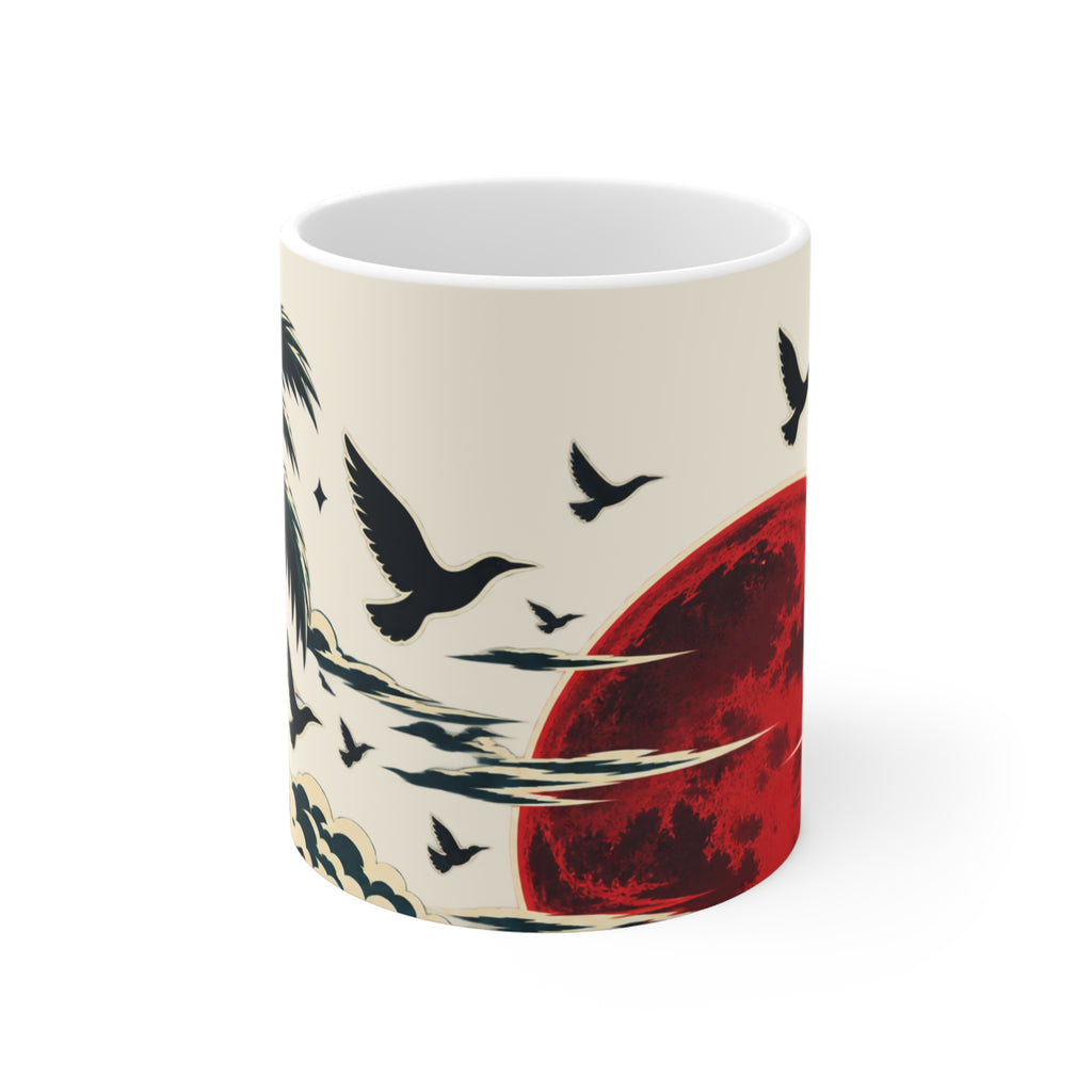 Tropical Sunset Mug — Red Moon, Palm Trees & Flying Birds 11oz