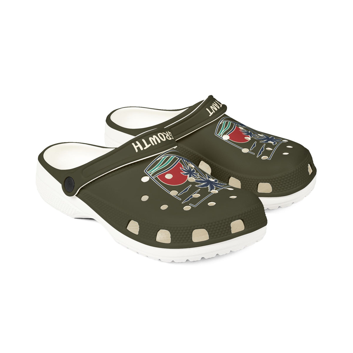 Tropical Sunset Clogs — Olive EVA Foam Garden Shoes with 'Konstant Growth' Design