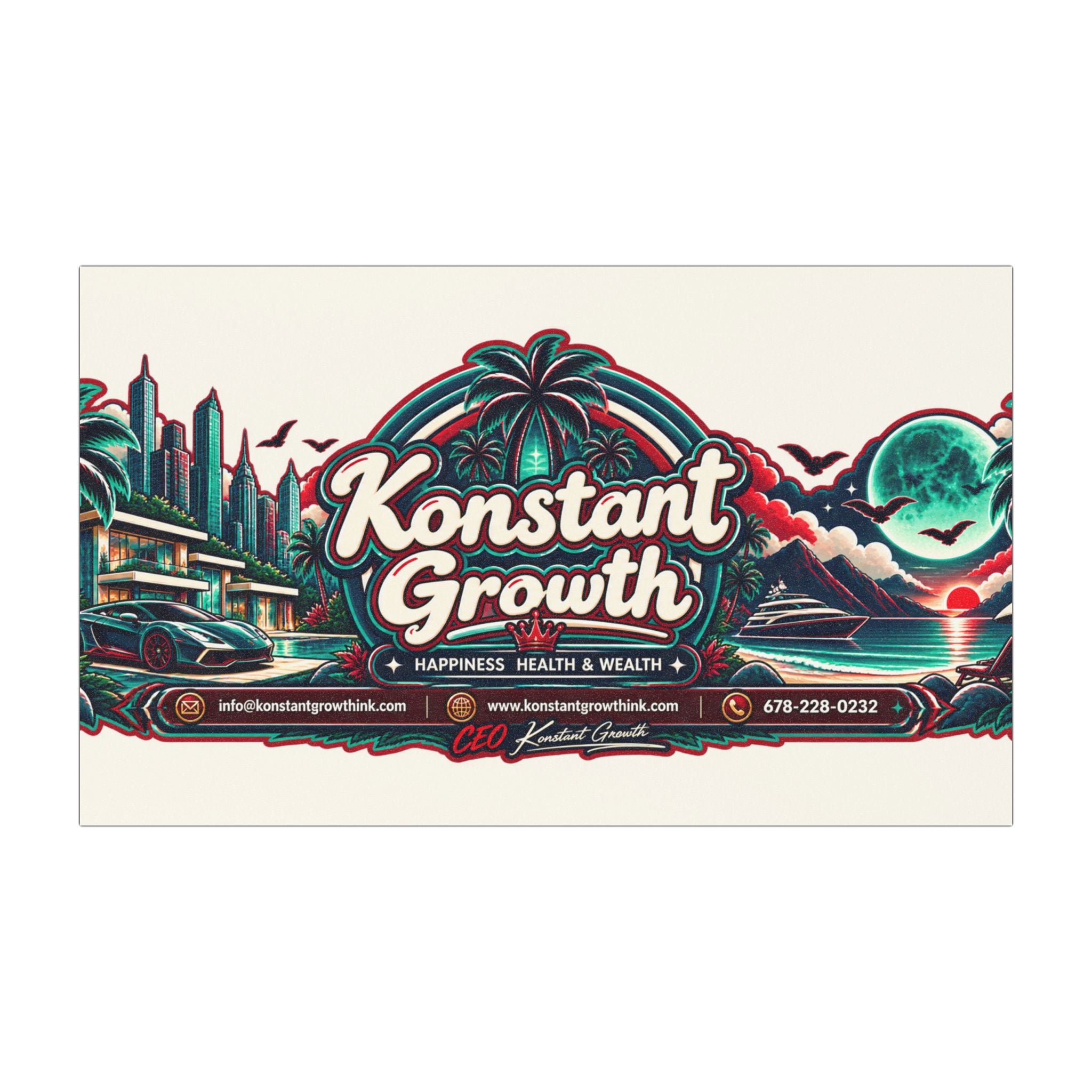 Konstant Growth logo Car Magnet | Retro neon skyline palm trees