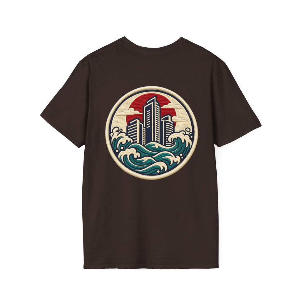 Build City Tee — Retro ‘BUILD’ Graphic T-Shirt with Coastal Cityscape Back Print