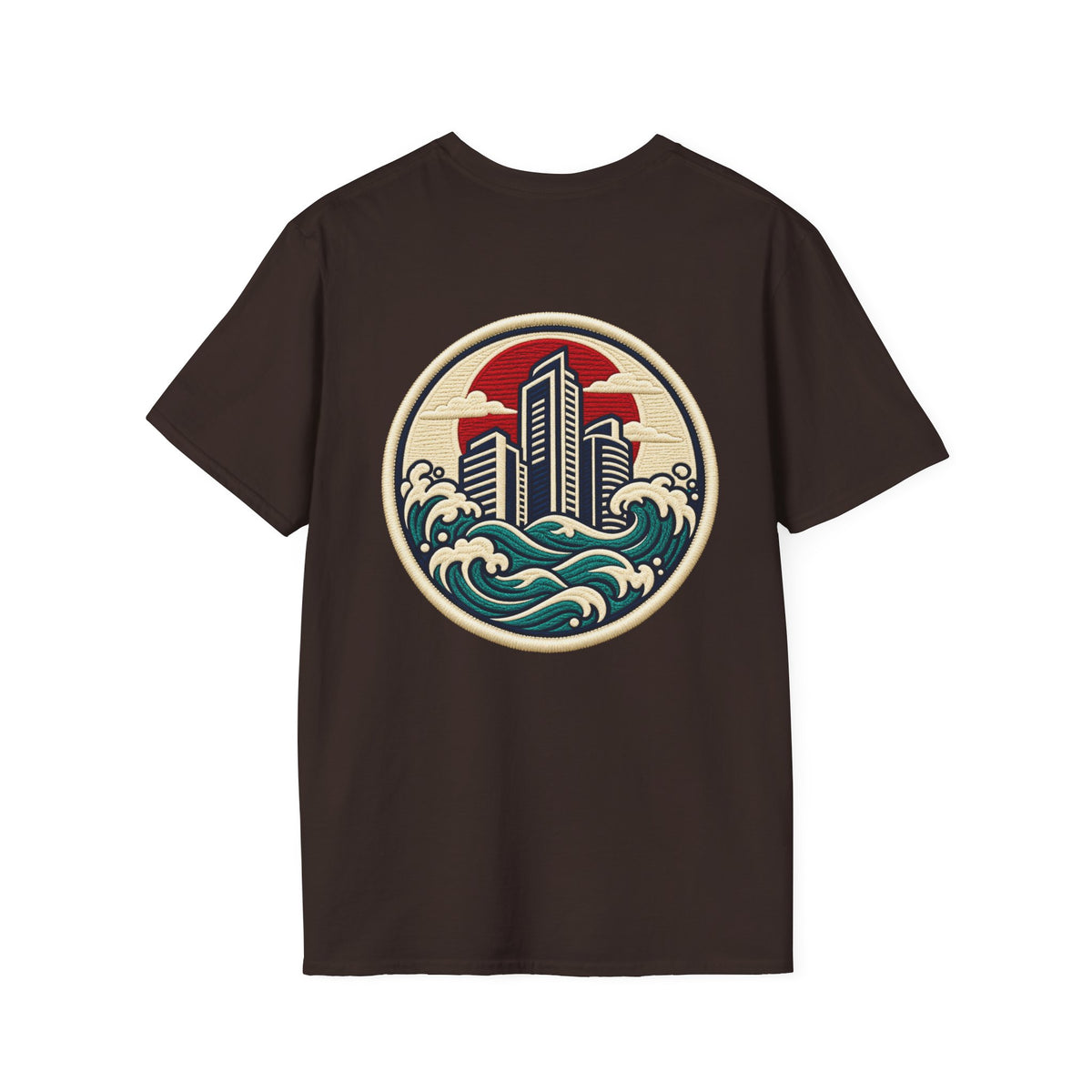Build City Tee — Retro ‘BUILD’ Graphic T-Shirt with Coastal Cityscape Back Print