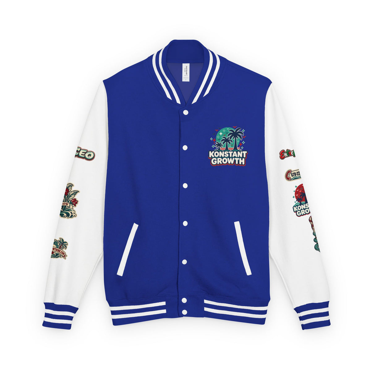 Letterman Jacket — "Konstant Growth" Palm Graphic with "Happiness Health Wealth" Chest Patch Printify