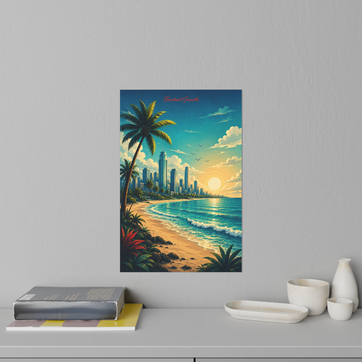 Tropical Beach Sunset Wall Decal | Palm Trees, City Skyline, Ocean Waves