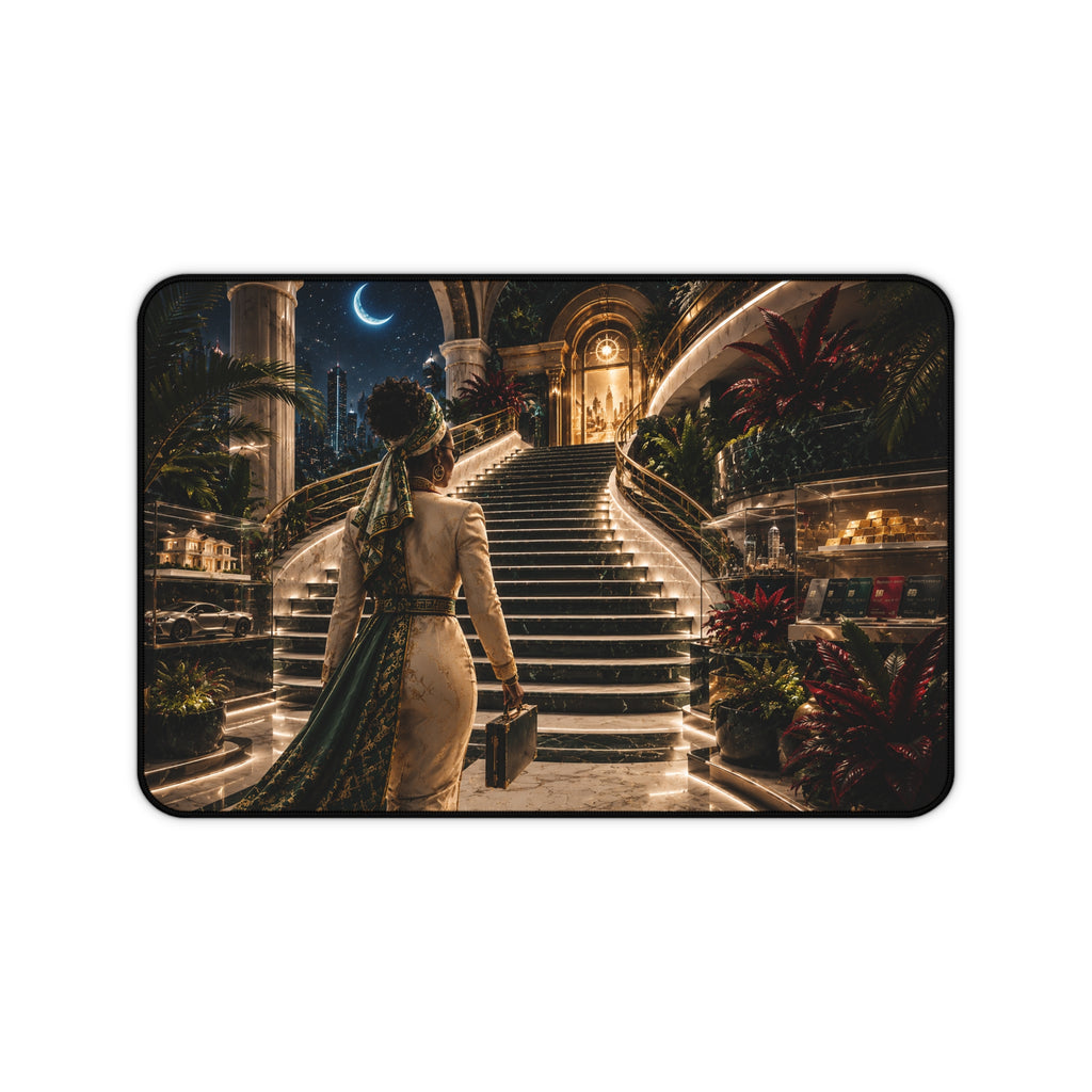 Regal Staircase at Night Desk Mat | Luxury Mansion CEO Office Decor, Motivational Workspace Art