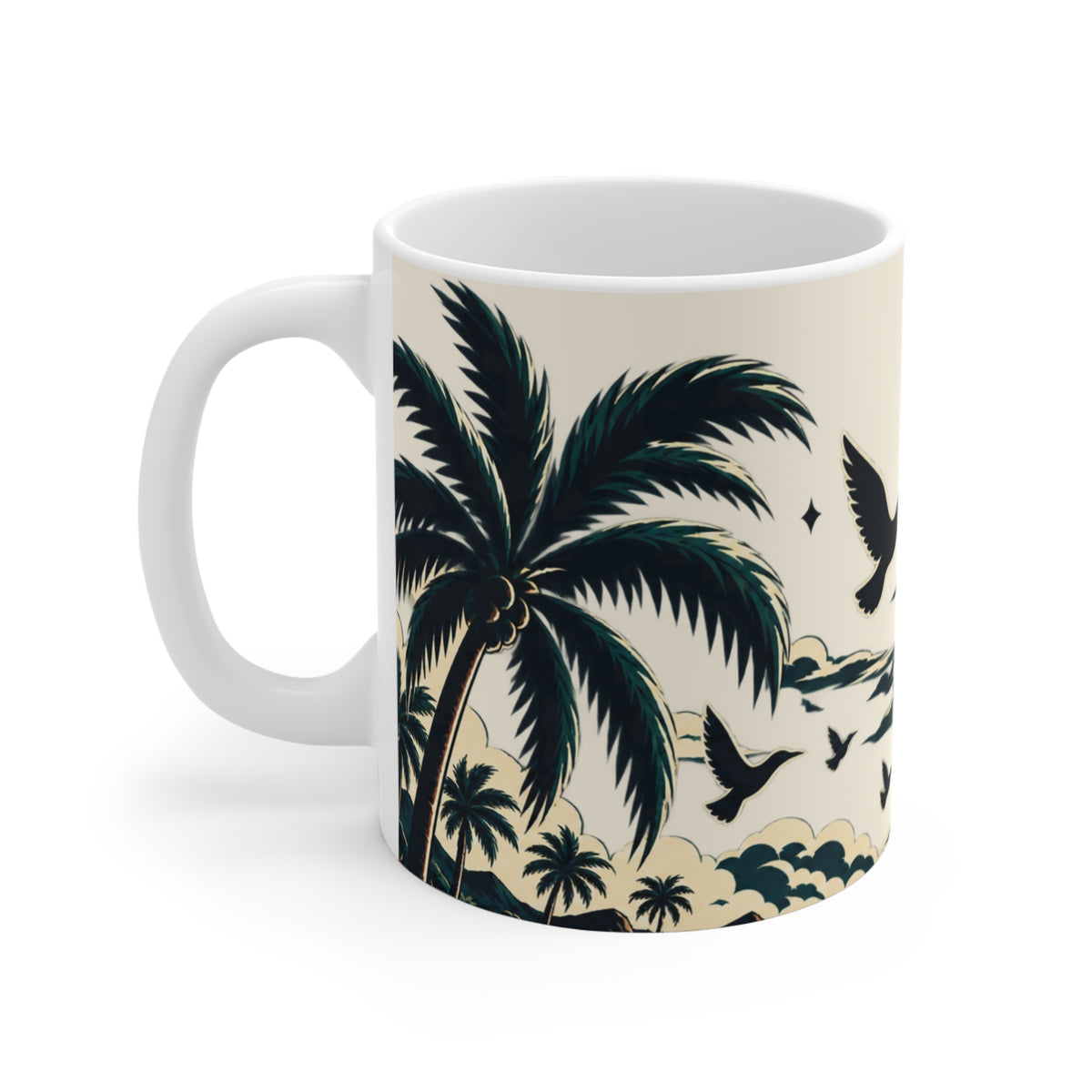Tropical Sunset Mug — Red Moon, Palm Trees & Flying Birds 11oz
