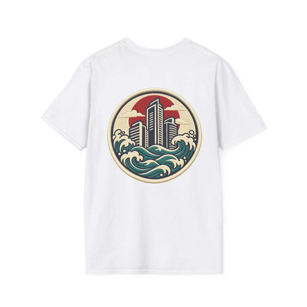 Build City Tee — Retro ‘BUILD’ Graphic T-Shirt with Coastal Cityscape Back Print