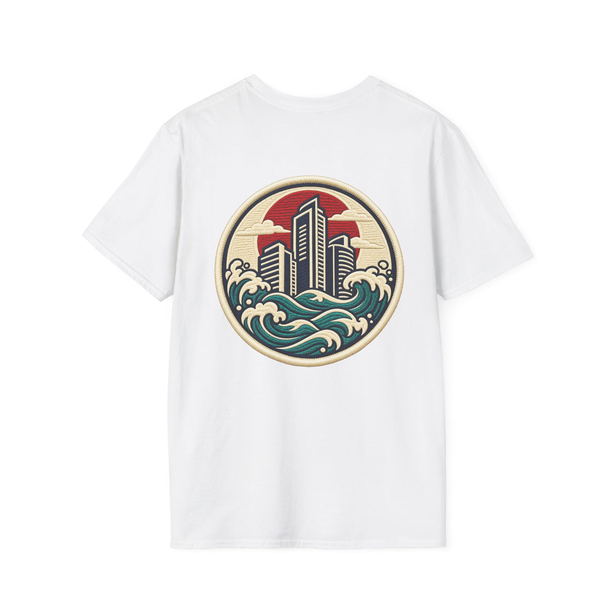 Build City Tee — Retro ‘BUILD’ Graphic T-Shirt with Coastal Cityscape Back Print