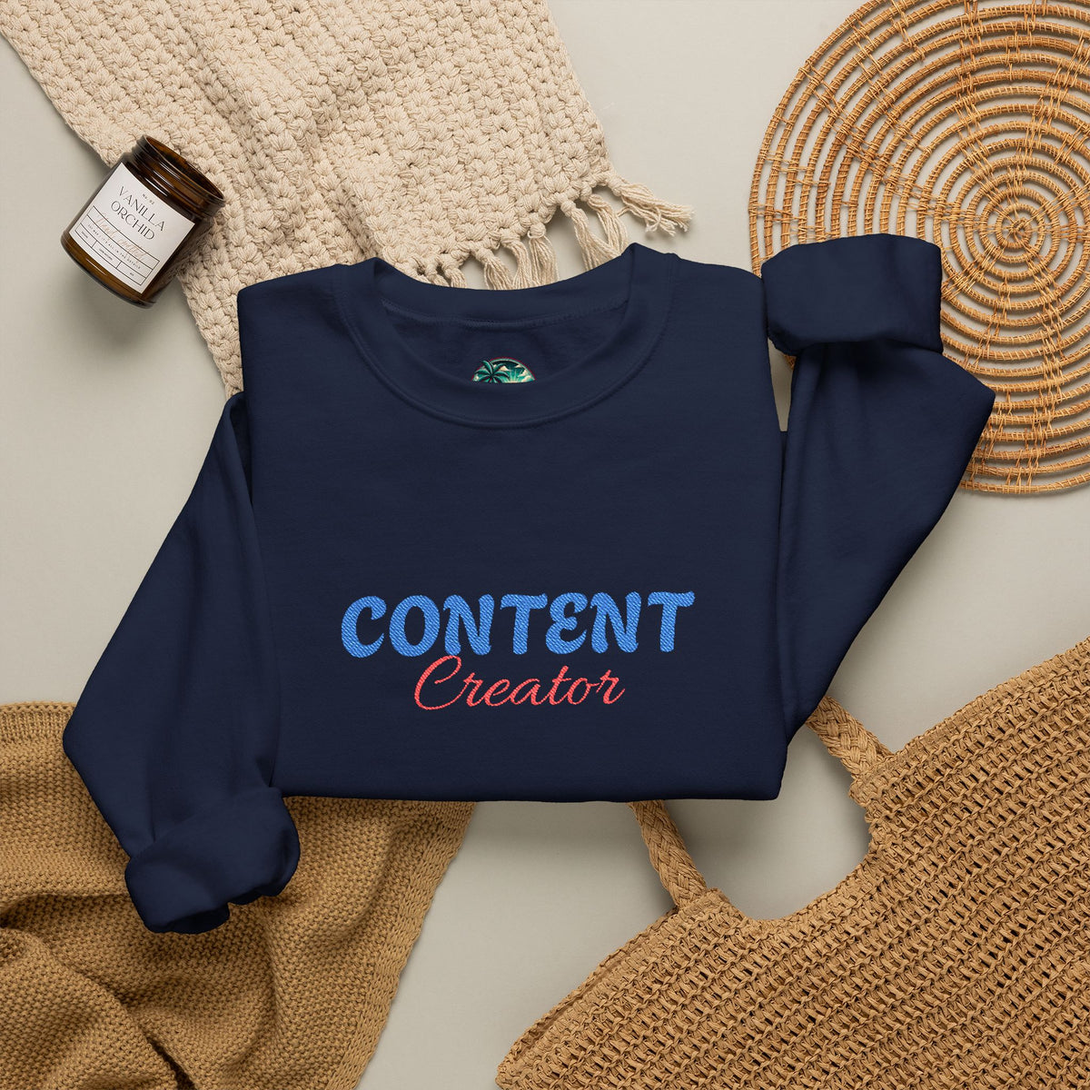 Content Creator Sweatshirt | Embroidered Script Logo, White Crewneck