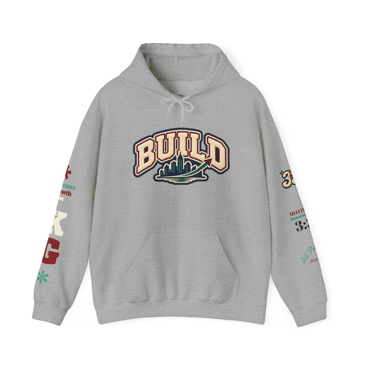 Build Cityscape Hoodie — Vintage Surf-Inspired 'BUILD' Graphic Pullover Printify