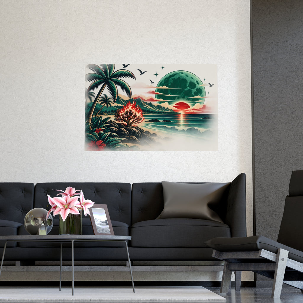 Tropical Moonrise Matte Poster — Retro Sunset Beach Art (Pre-Eclipse Red Sun, Green Moon)