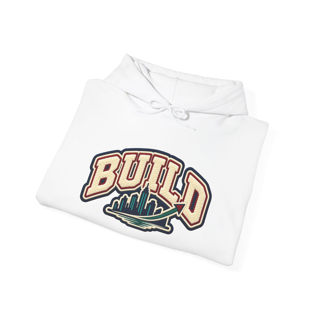 Build Cityscape Hoodie — Vintage Surf-Inspired 'BUILD' Graphic Pullover