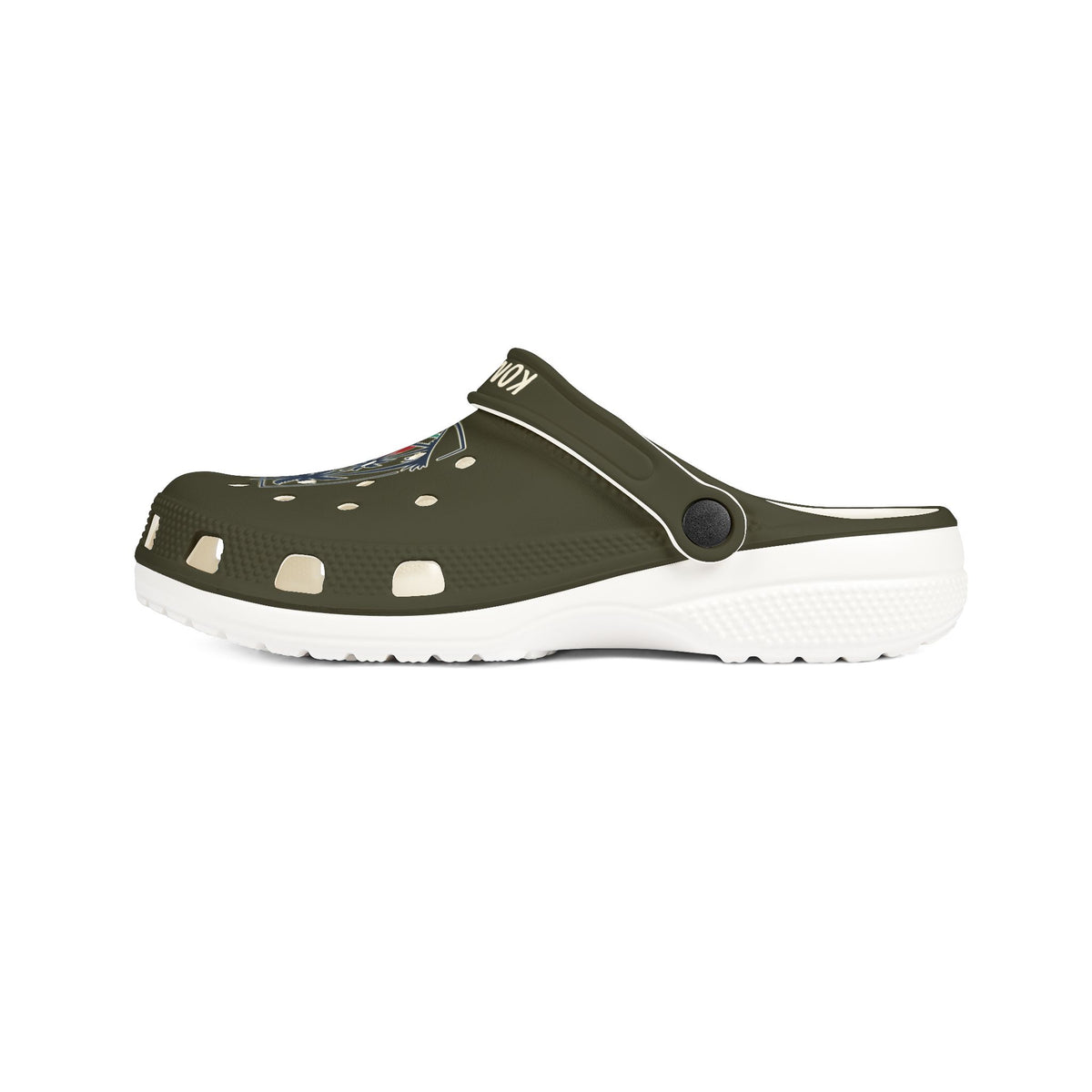 Tropical Sunset Clogs — Olive EVA Foam Garden Shoes with 'Konstant Growth' Design