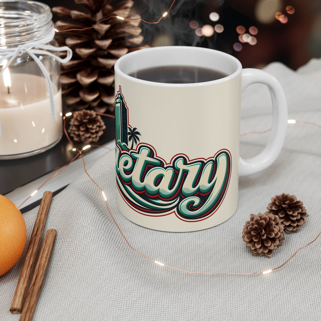 Secret City Vintage Beach Mug — Retro Palm & Skyline 11oz Coffee Cup