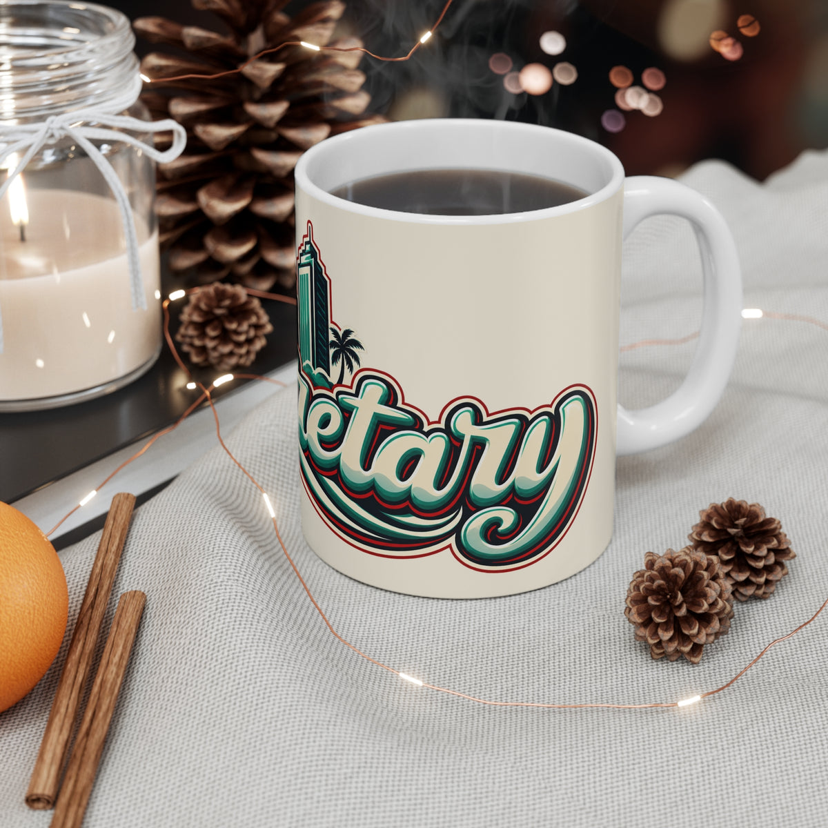 Secret City Vintage Beach Mug — Retro Palm & Skyline 11oz Coffee Cup
