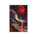 Red Moon Tropical Beach Wall Decal — Crimson Moonlit Waterfall Art