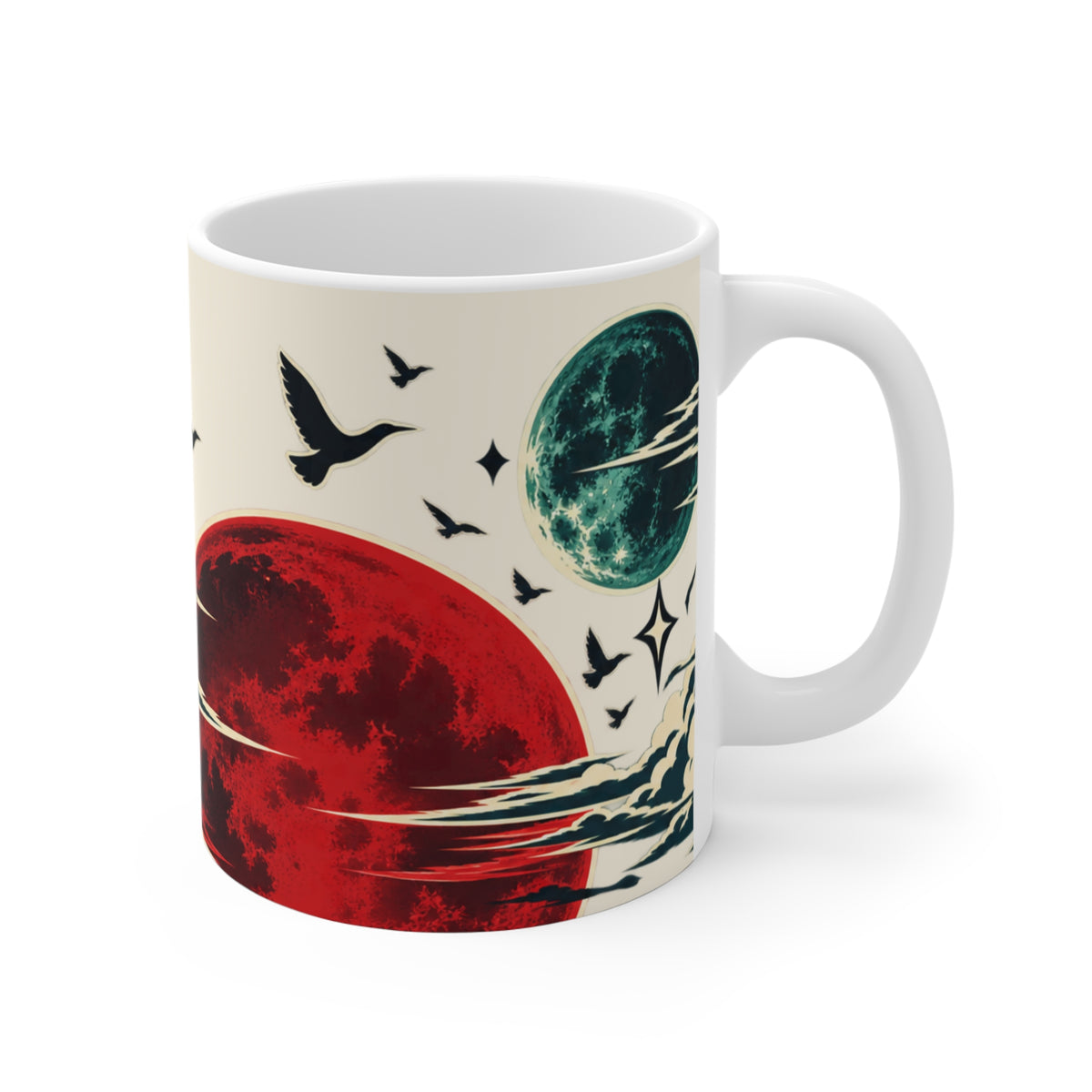 Tropical Sunset Mug — Red Moon, Palm Trees & Flying Birds 11oz